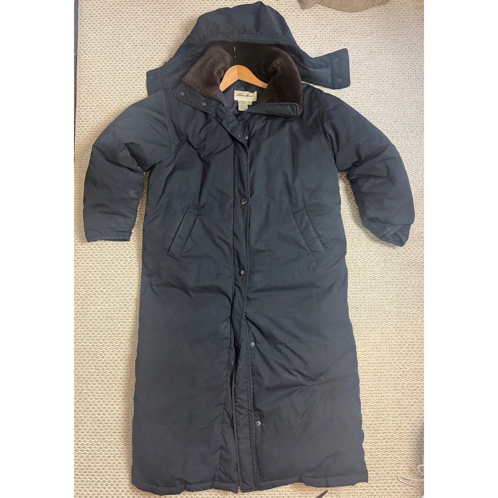 Eddie Bauer Goose Down Long Puffer Parka Faux Fur Collar Black vintage 4 foot